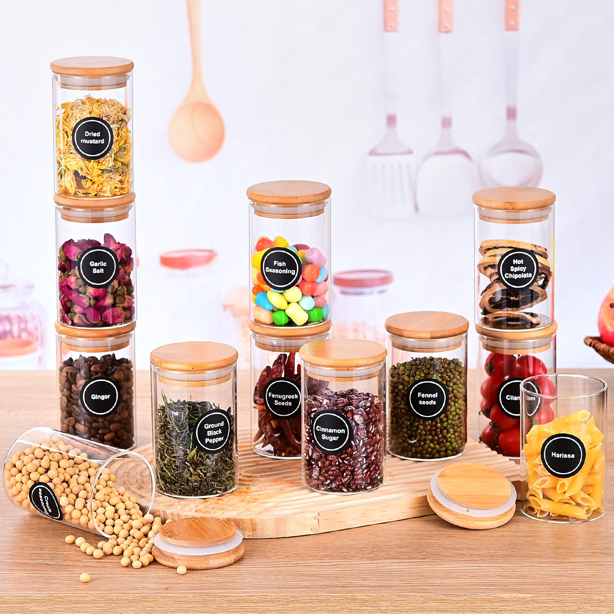 Pefelife 8.5oz Glass Jars with Bamboo Lids 12 Pcs Small Food Storage
