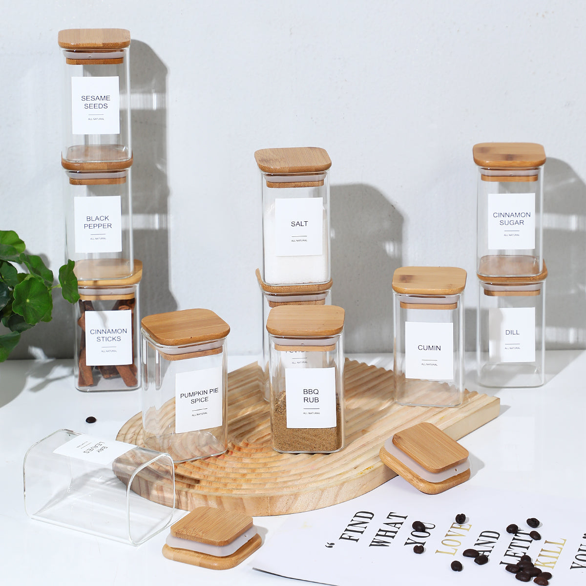 Pefelife 8oz Glass Jars Set with Minimalist Spice Labels